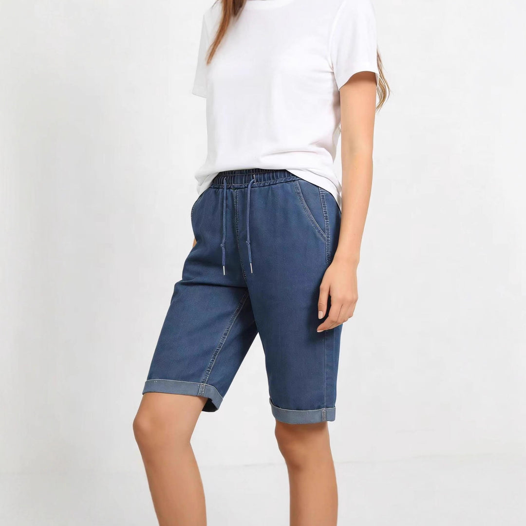 Dame jeans shorts med elastisk talje og praktiske lommer Skovae