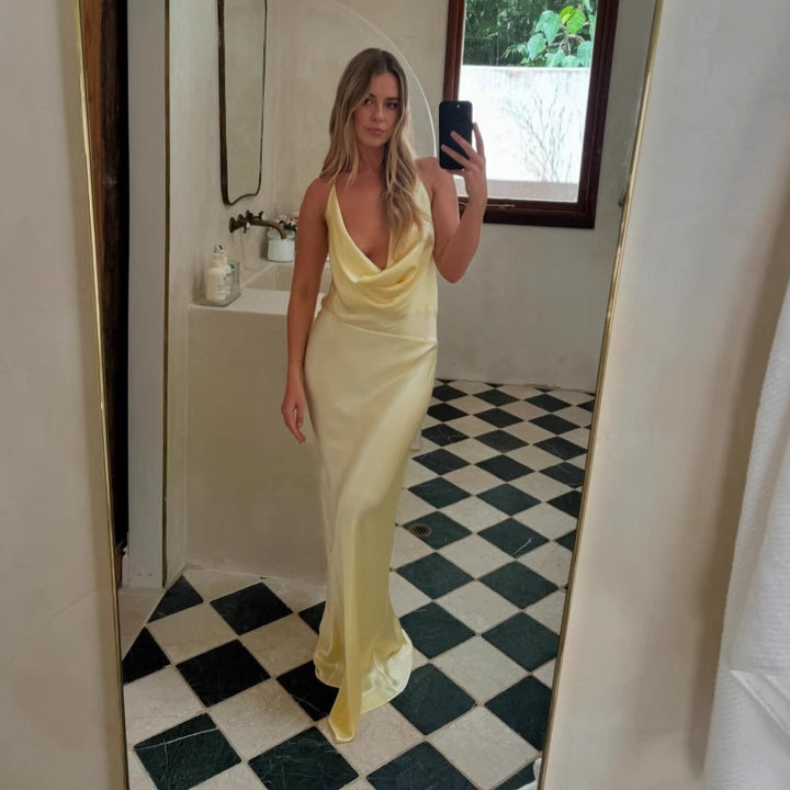 Dame Elegant Satin Maxi Kjole med dyb V-udskæring Stilla