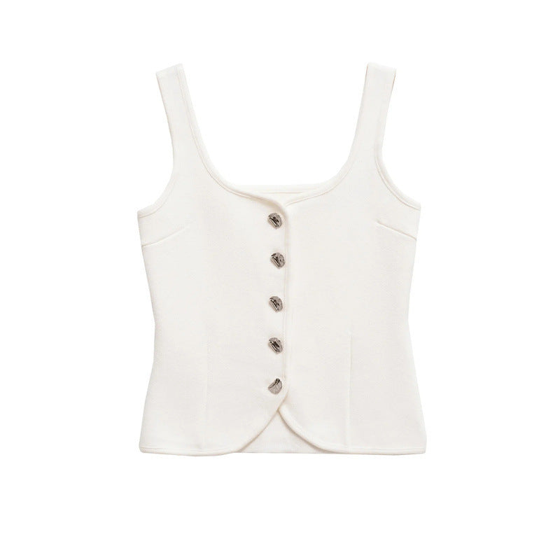 Femme Taljeret Kvadrat-Udskæring Knap-Op Crop Top Stilla