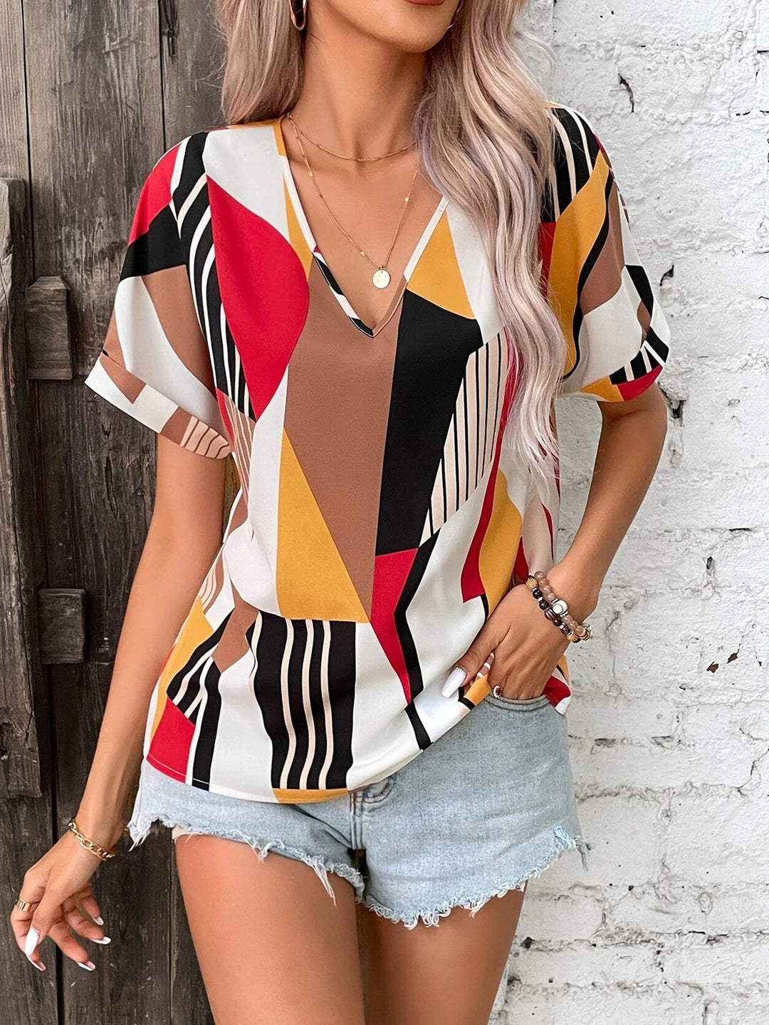 Dame Geometrisk Print V-Hals Top Stilla