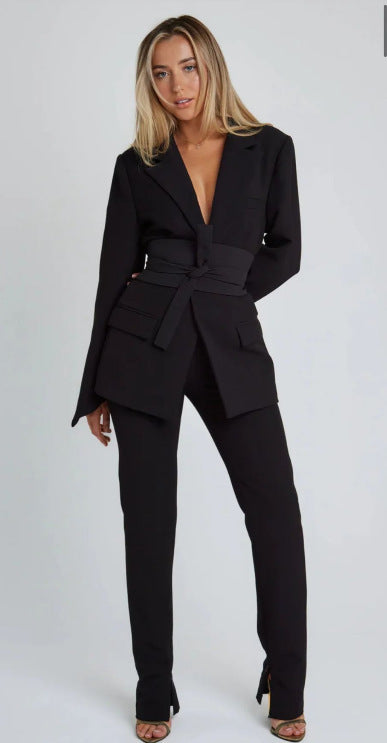 Stilla | Blazer Longline Skræddersyet Fit Selvbinder Talje Revers Lommer