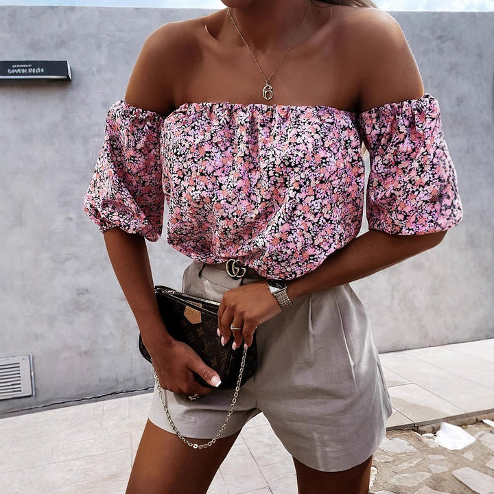 Ladies Off-Shoulder Blouse with Voluminous Puff Sleeves and Floral Pattern Skovae