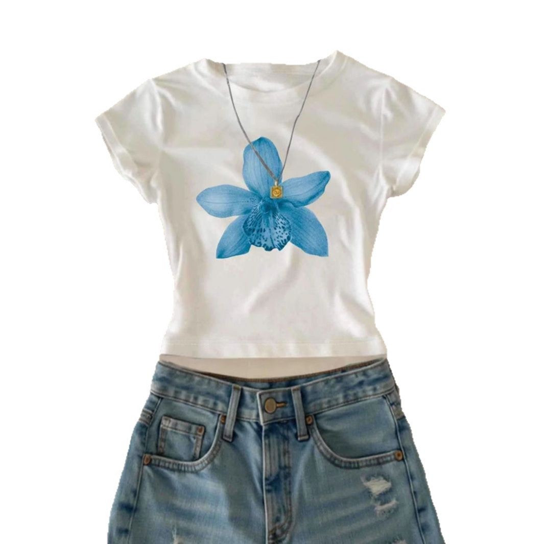 Dame Crop-T-Shirt med floraltryk og afslappet snit Skovae