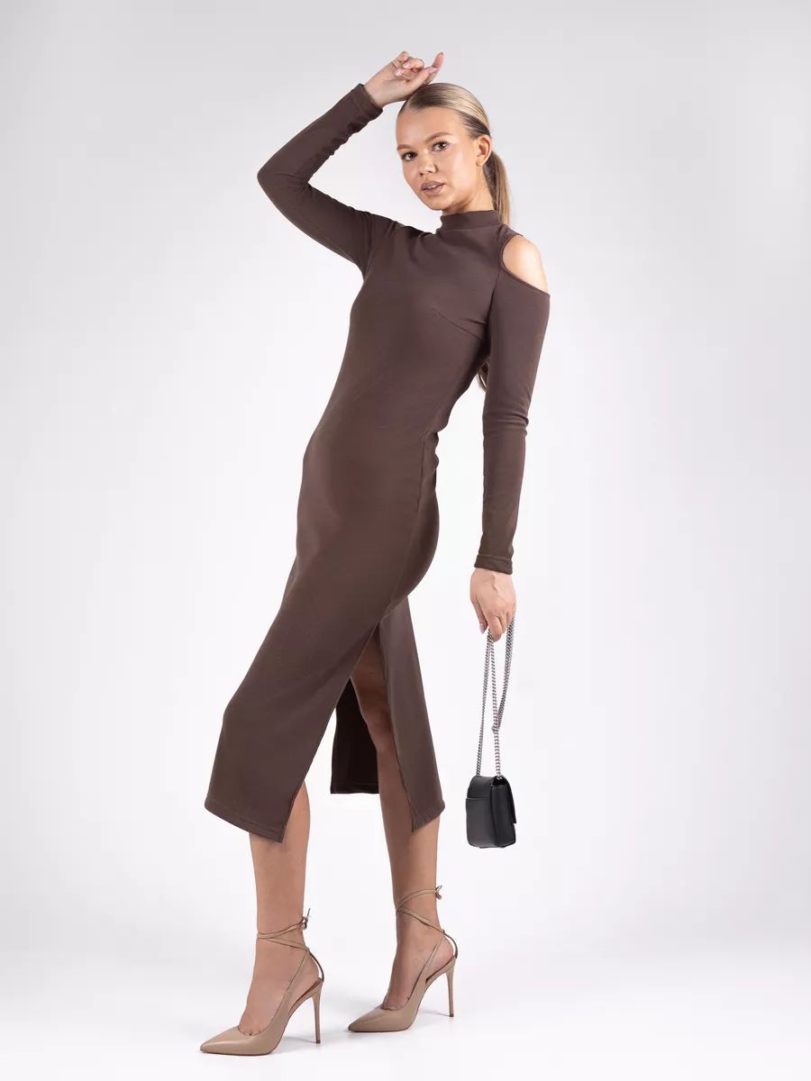 Dame figursyet Off-Shoulder midi kjole med lange ærmer og siden slids Stilla