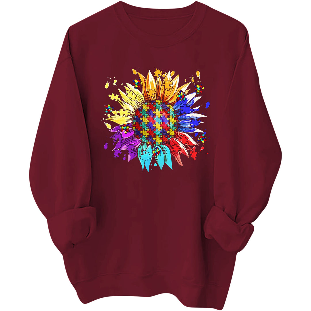 Kvindernes sweatshirt med kreativ puslespilsblomst design og en behagelig pasform Stilla