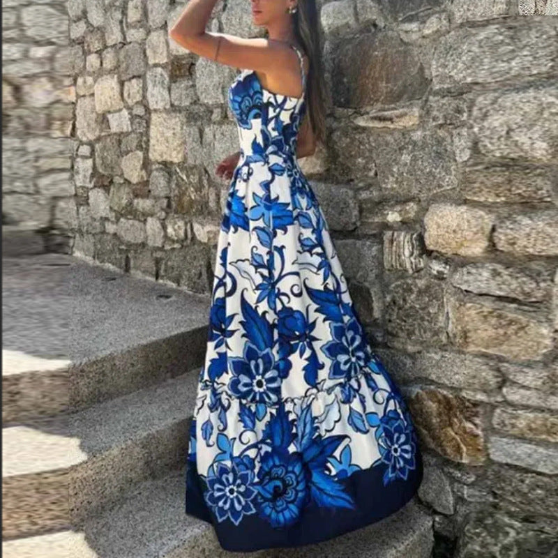 Damer maxi kjole med dyb V-hals og blomsterdesign Stilla