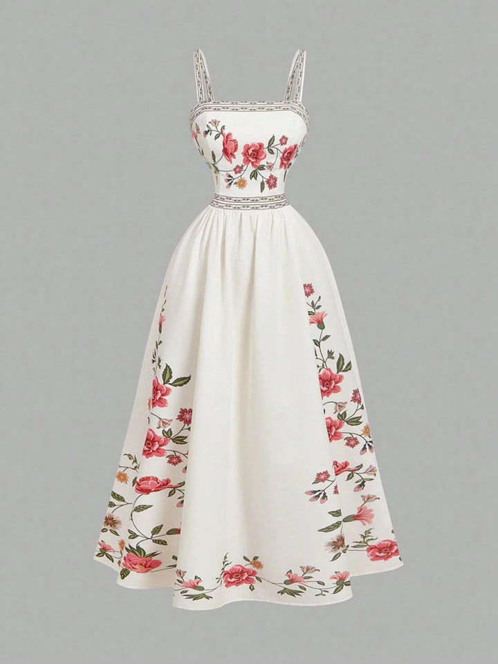Dame Floral Broderet Midi Kjole Stilla