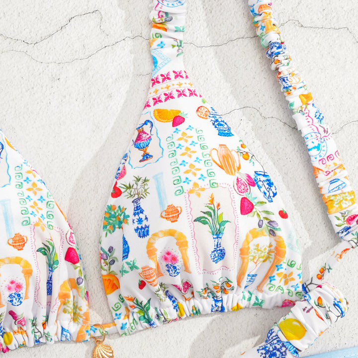 Dame triangels bikini med farverigt blomsterprint og justerbare stropper Skovae