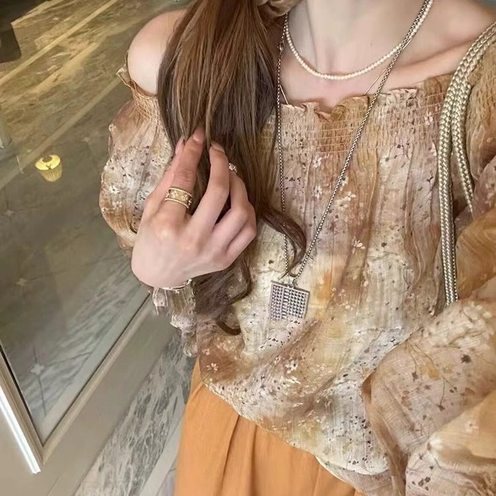 Dame bred bluse med flæseærmer og elegant høj talje bukser Stilla