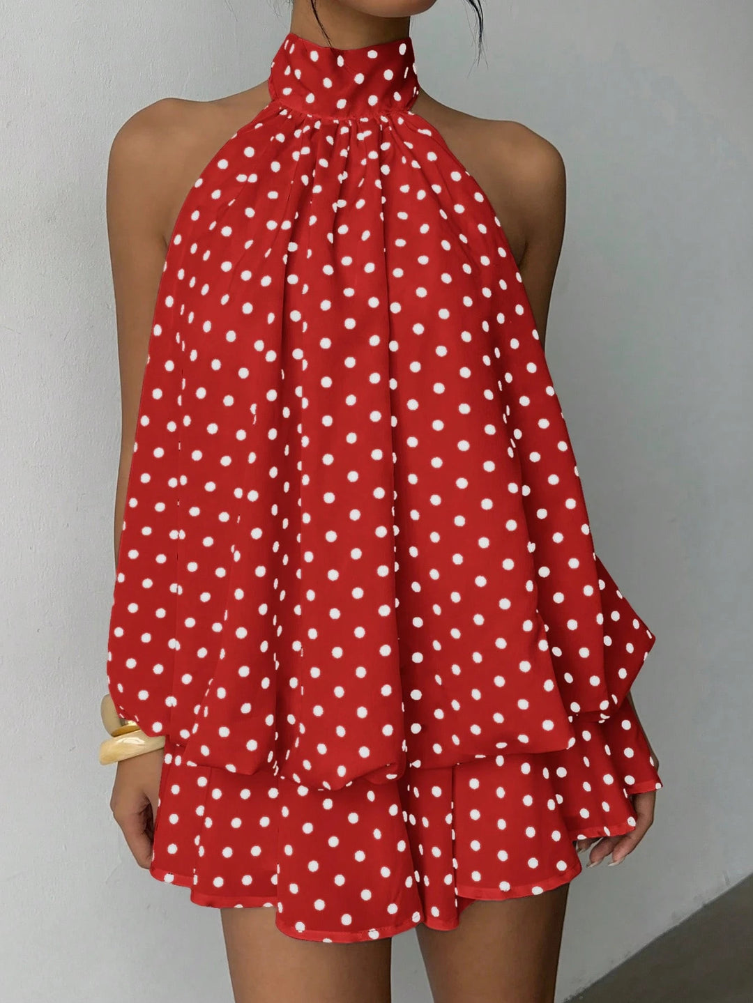 Dame moderne Polka-Dots sæt med høj krave og voluminøse ærmer Skovae