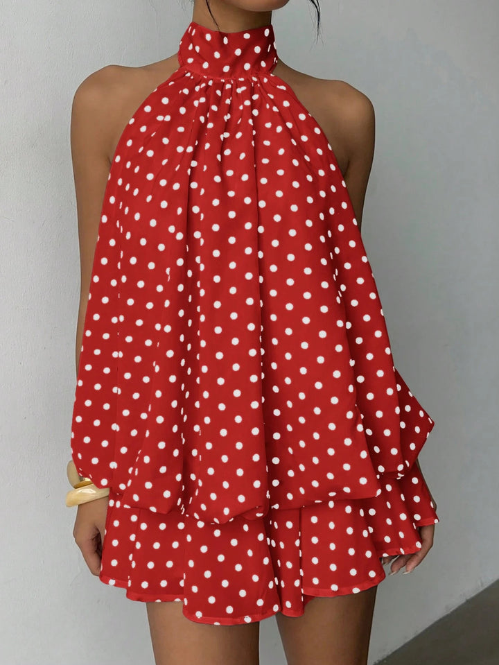 Dame moderne Polka-Dots sæt med høj krave og voluminøse ærmer Skovae