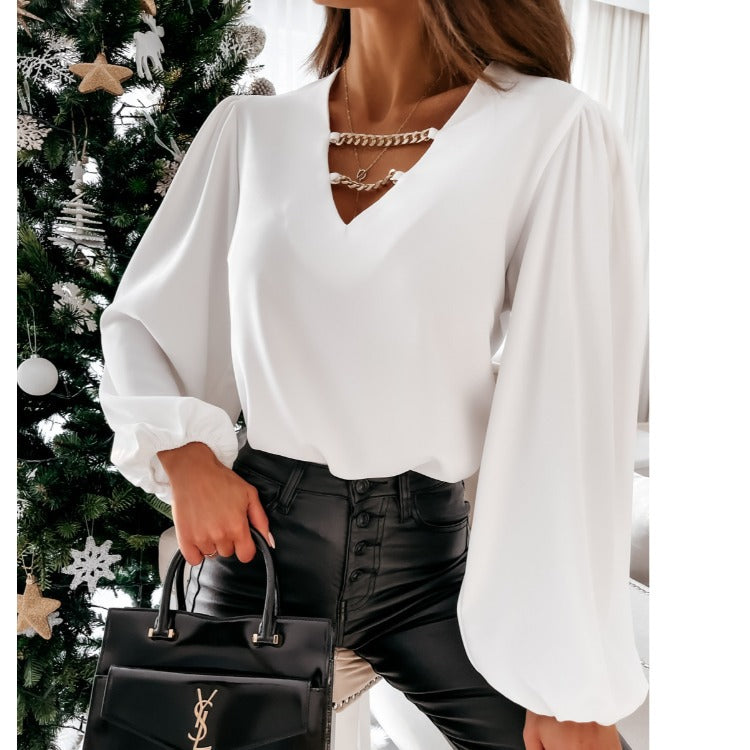 Dame Elegant V-hals Bluse med Puffærmer Stilla