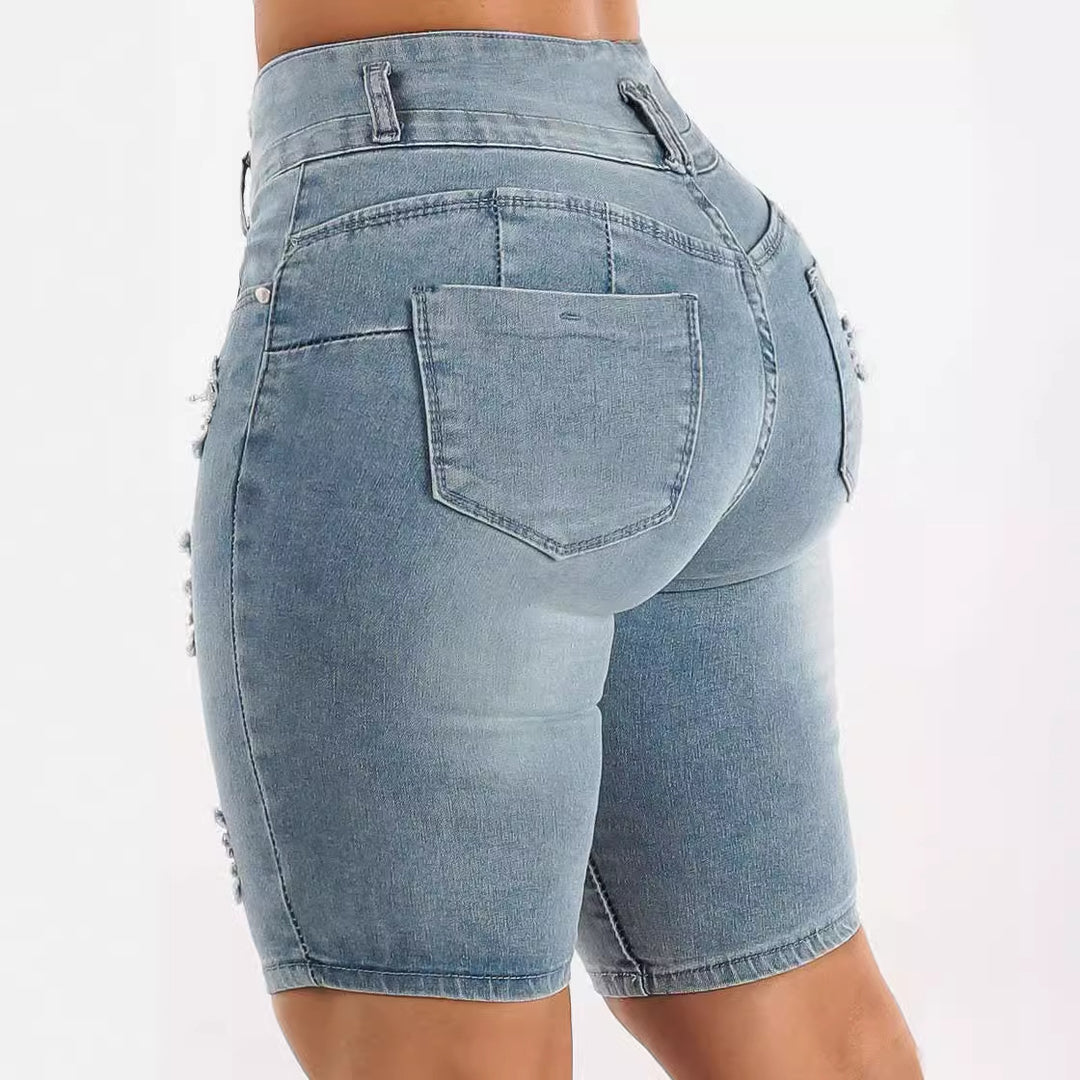 Dame Ripped Denim Shorts med justerbar talje og stilfulde dekorative lapper Stilla