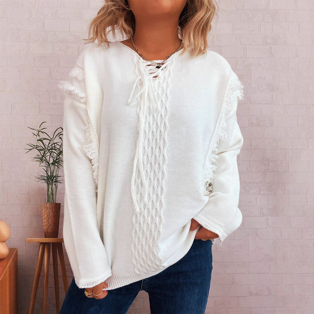 Kvinders chunky strikket sweater med afslappede frynser og dekorativ kabel-design Stilla