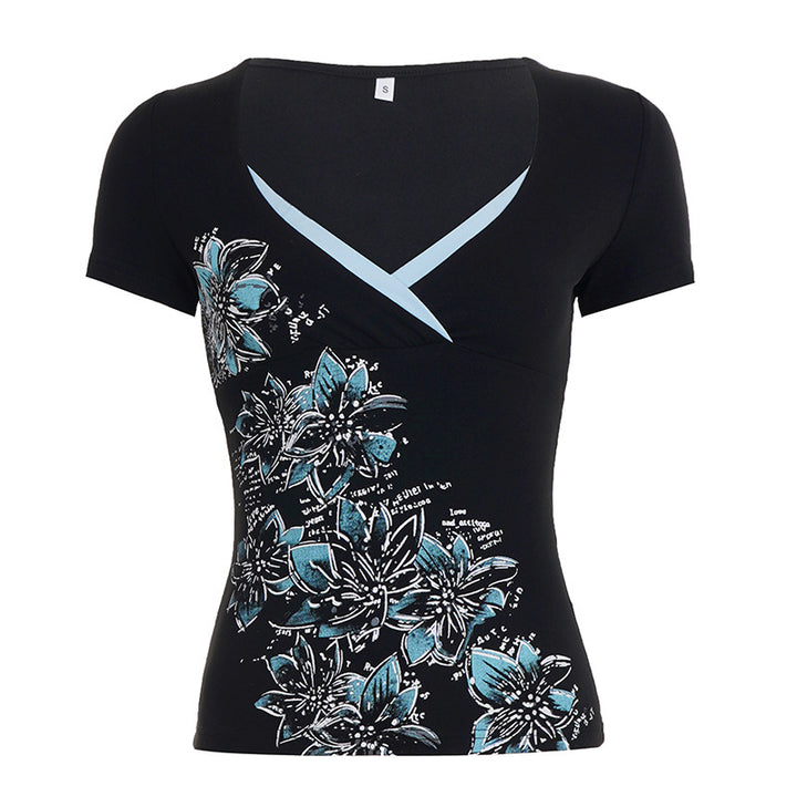 Dame figursyet T-shirt med blomstertryk og V-hals Skovae