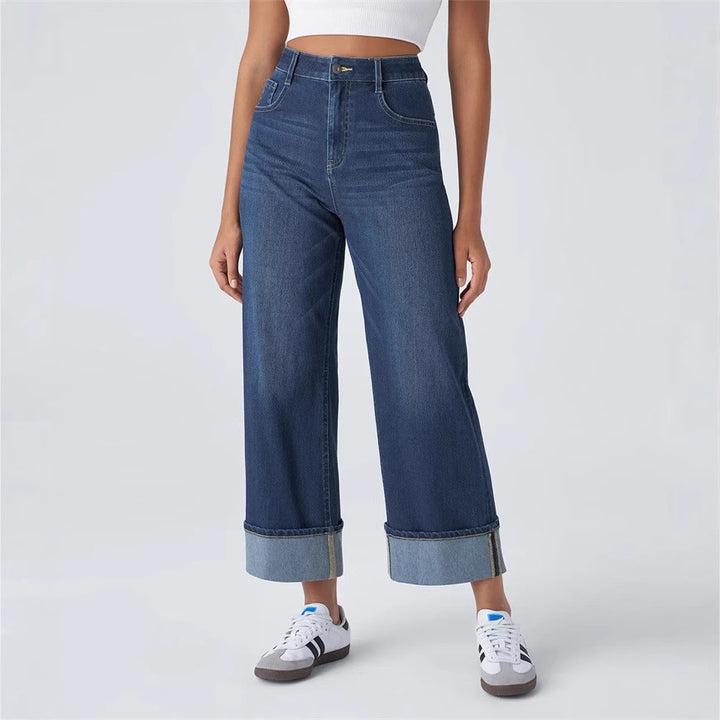 Dame brede jeans med høj talje og buet kant
