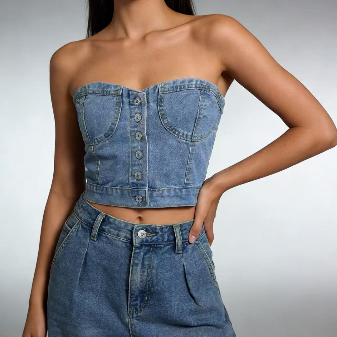 Dame Denim Bustier-overdel med knapdetaljer og figursyet snit Skovae