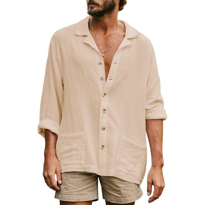 Herrer afslappet linen skjorte med moderigtig Henley-udskæring og praktiske lommer Stilla