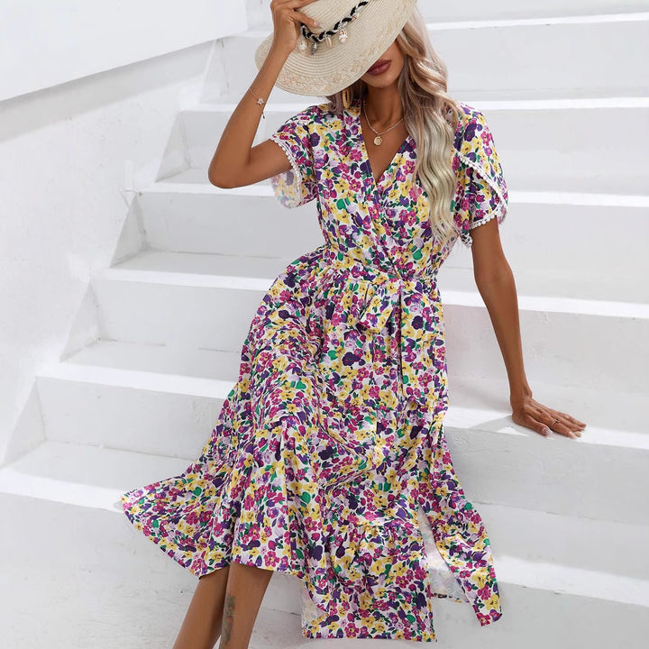 Dame Maxikjole med blomstret design og elastisk talje Stilla
