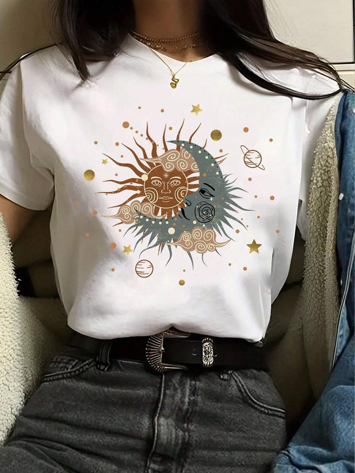 Dame T-shirt med kreativ grafisk tryk og luksuriøse paillet accenter Skovae