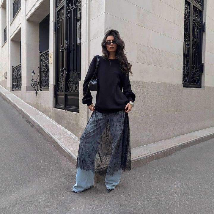 Kvindernes Casual Oversized Sweater med elegante flæsedetaljer og modebevidst gennemsigtighed Stilla