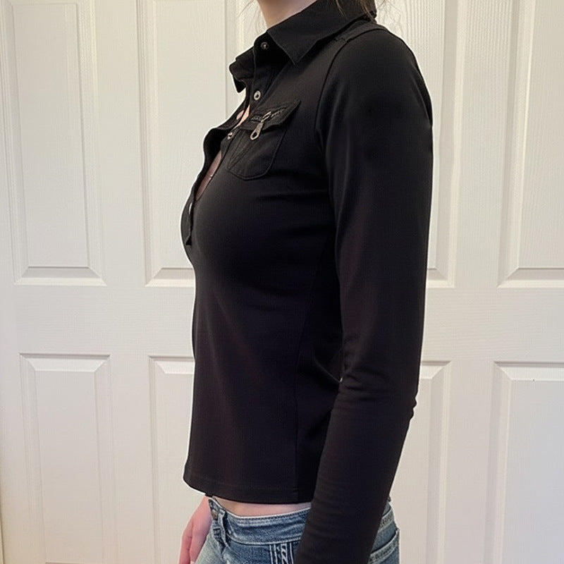 Dame polo shirt med stilfulde lommer og elegante trykknapper Skovae