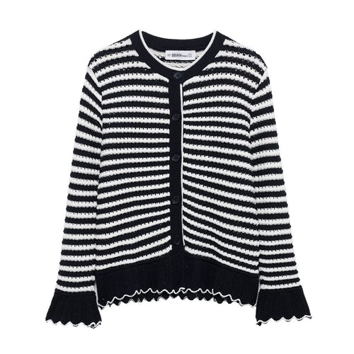 Dame Stribet Strikcardigan Pullover med Bølgekant Stilla