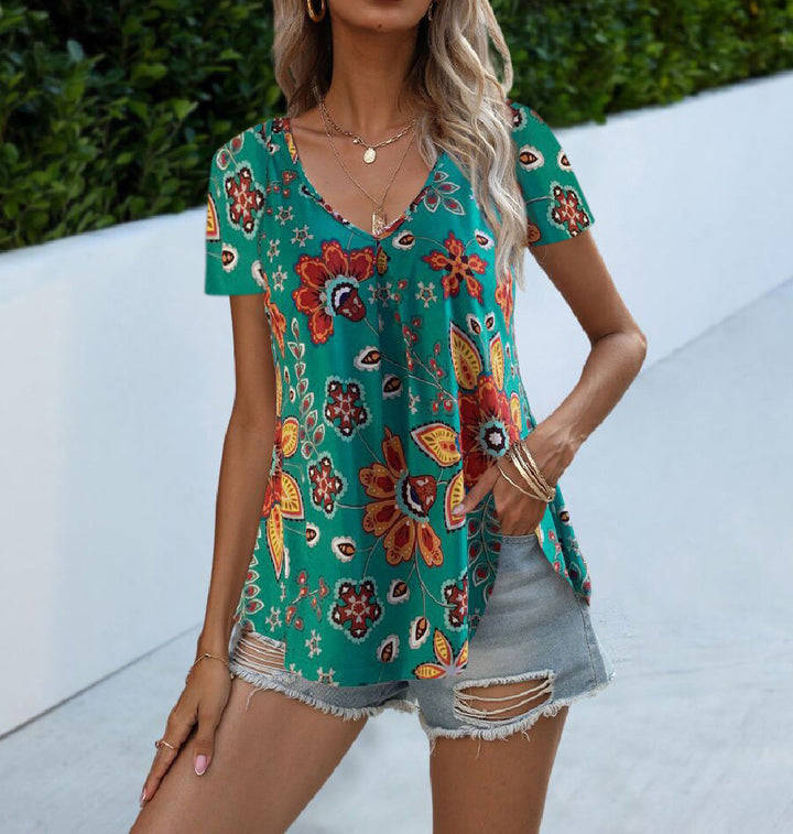 Dame lette kortærmet bluse med blomsterprint Skovae