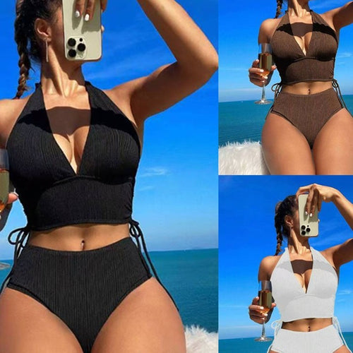 Dame højtaljet ribbet halterneck bikini sæt Stilla