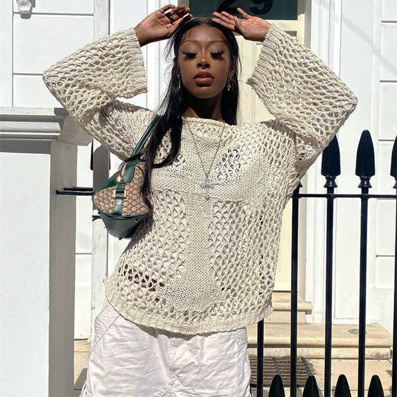 Kvinders luftige strikket sweater med åben mesh design Stilla