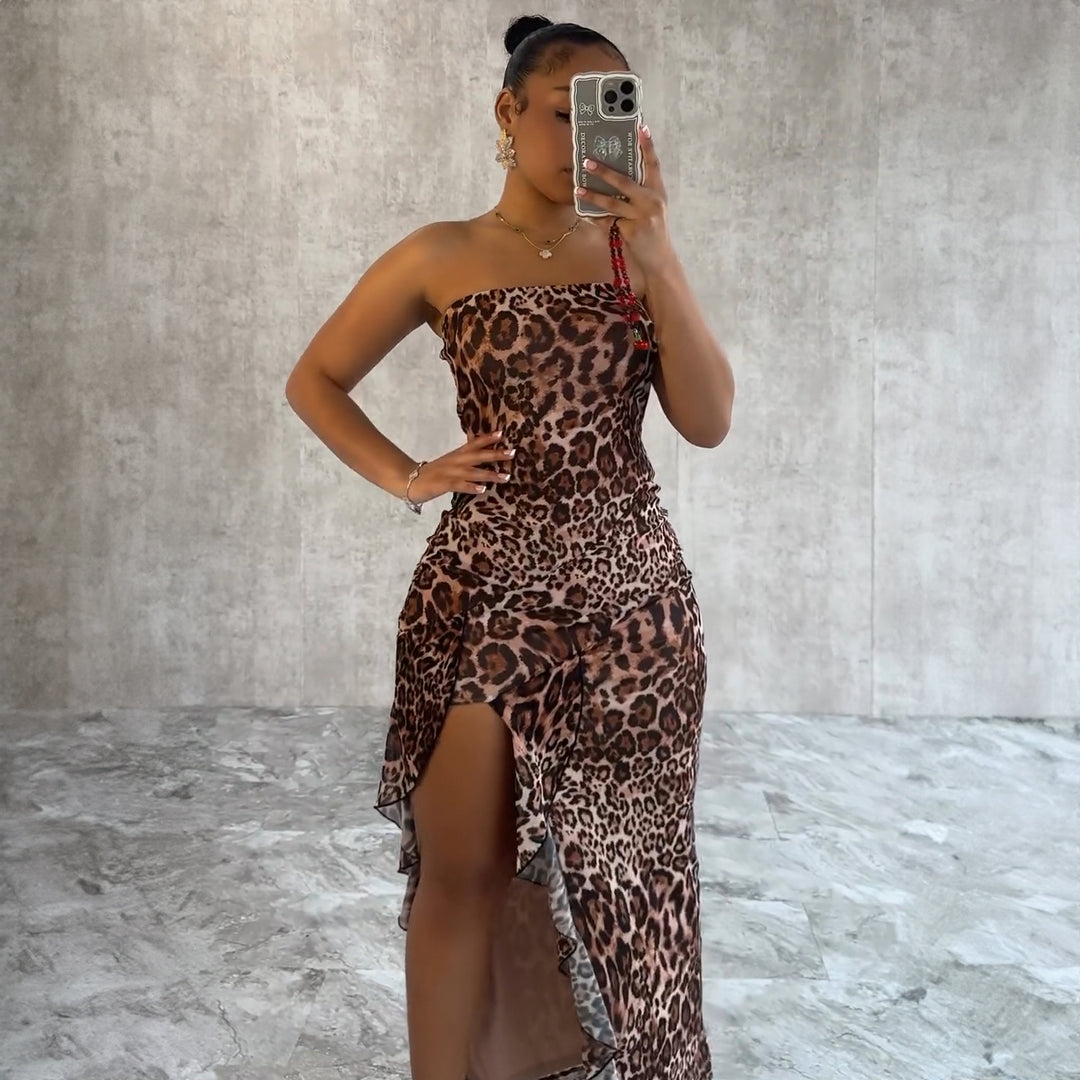 Damer Elegant Dyremønster Maxi-Kjole med asymmetrisk Kant og Ruffles Detaljer Stilla