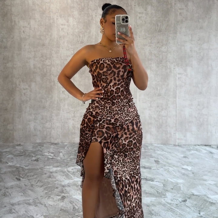 Damer Elegant Dyremønster Maxi-Kjole med asymmetrisk Kant og Ruffles Detaljer Stilla