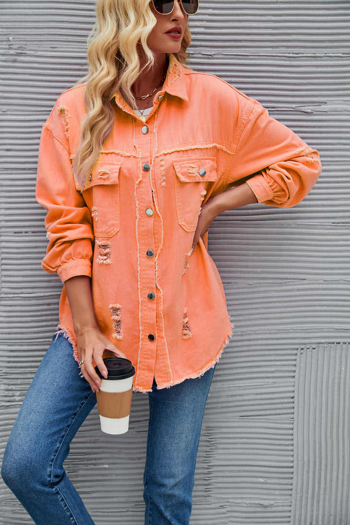 Dame Oversized Denim-Skjortejakke med frynse-detaljer Stilla