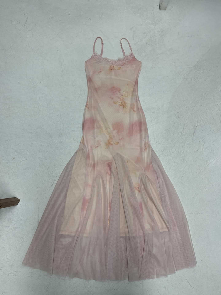 Dame elegant maxikjole i gennemsigtigspids og blomsterdesign Skovae