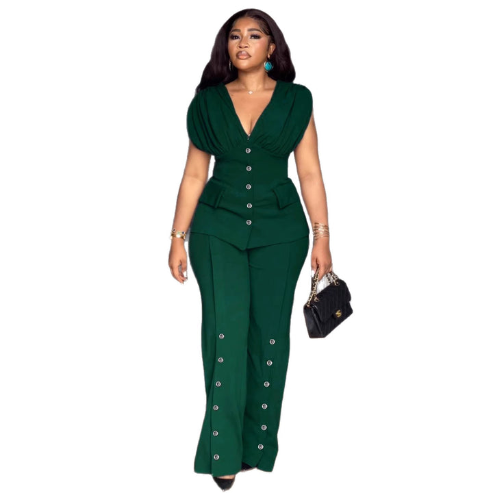 Dame elegant jumpsuit med dyb V-udskæring og iøjnefaldende knapdetaljer Skovae