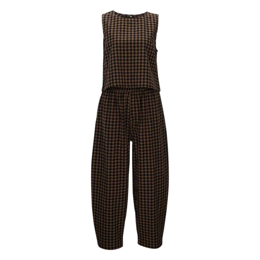 Dame komfortabel jumpsuit med ternet mønster og bredt skårne ben Stilla