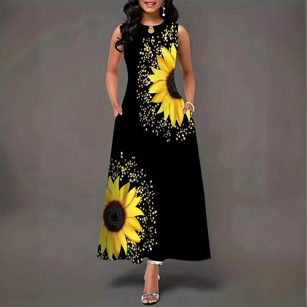 Dame maxikjole med blomsterprint og solsikke-design Stilla