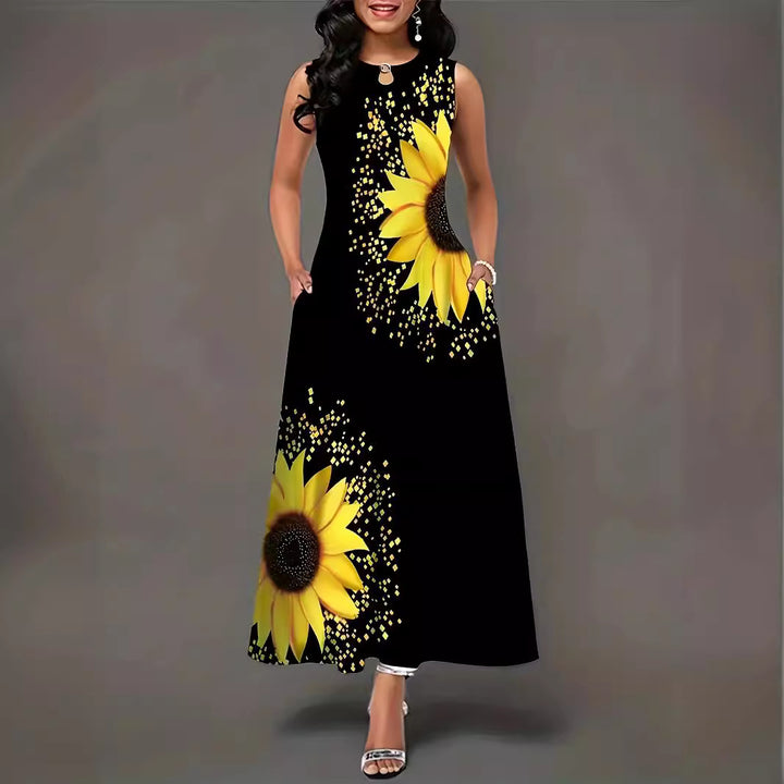 Dame maxikjole med blomsterprint og solsikke-design Stilla