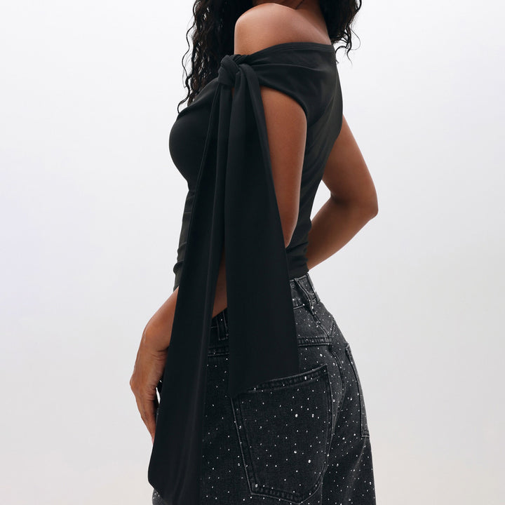 Dame Elegant One-Shoulder Top med dekorative sten Skovae