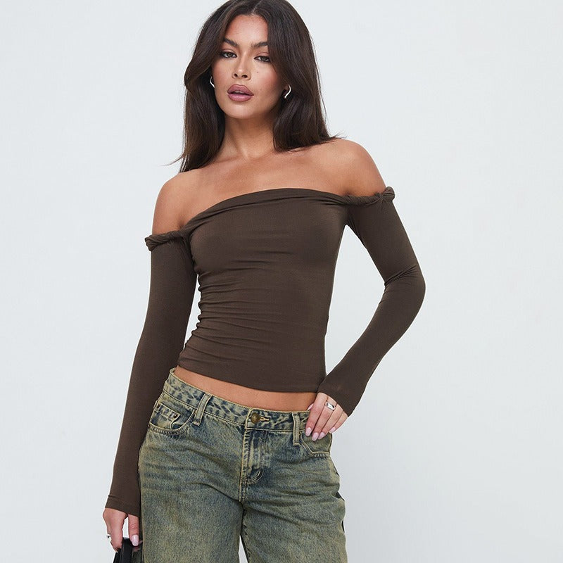 Dame Offshoulder Langærmet skjorte med elegante draperinger Skovae
