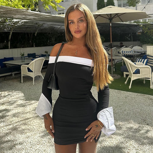 Dame elegant Off-Shoulder-kjole med lange ærmer og kontrasterende manchetter Stilla