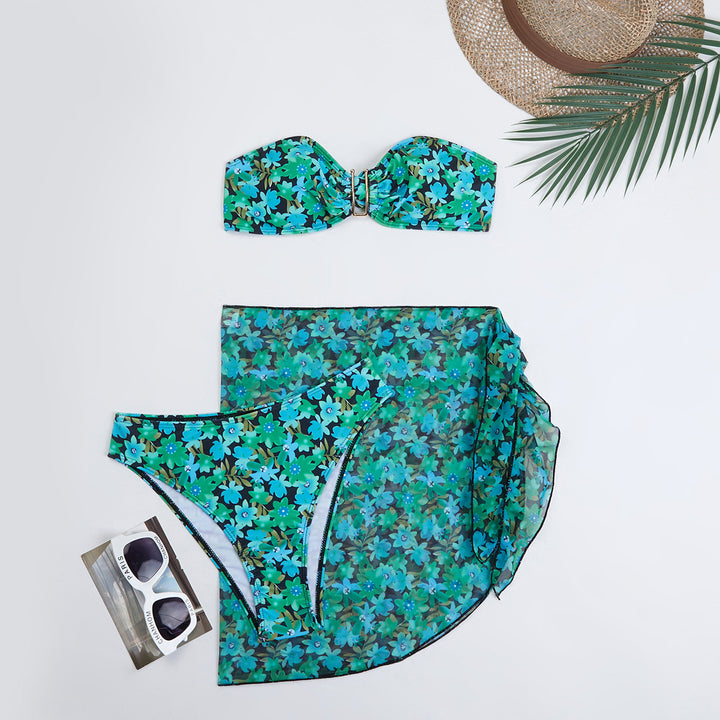 Dame Bandeau-Bikini-sæt med gennemsigtig indpakningsskørt og blomsterdesign Stilla