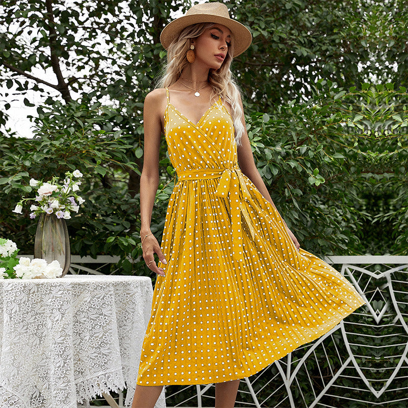 Dame Polka Dot Midi Kjole med Bæltetaske Stilla