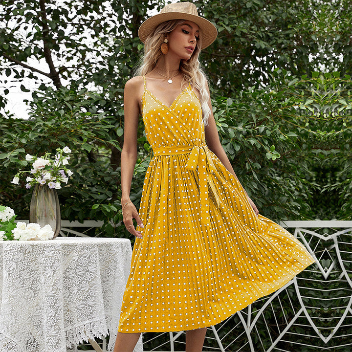 Dame Polka Dot Midi Kjole med Bæltetaske Stilla