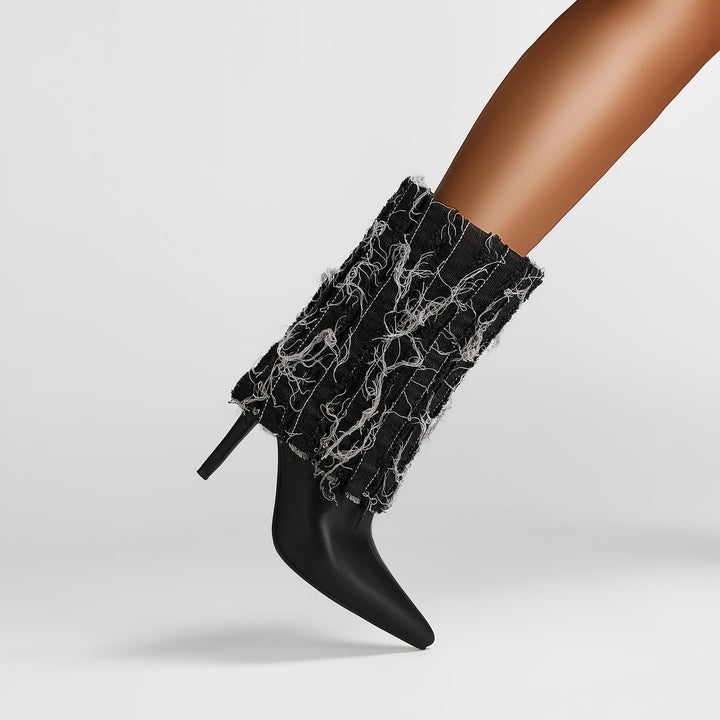 Femme Stilfulde Spids-Tå Stiletto Støvler med unik Stoftekstur Stilla