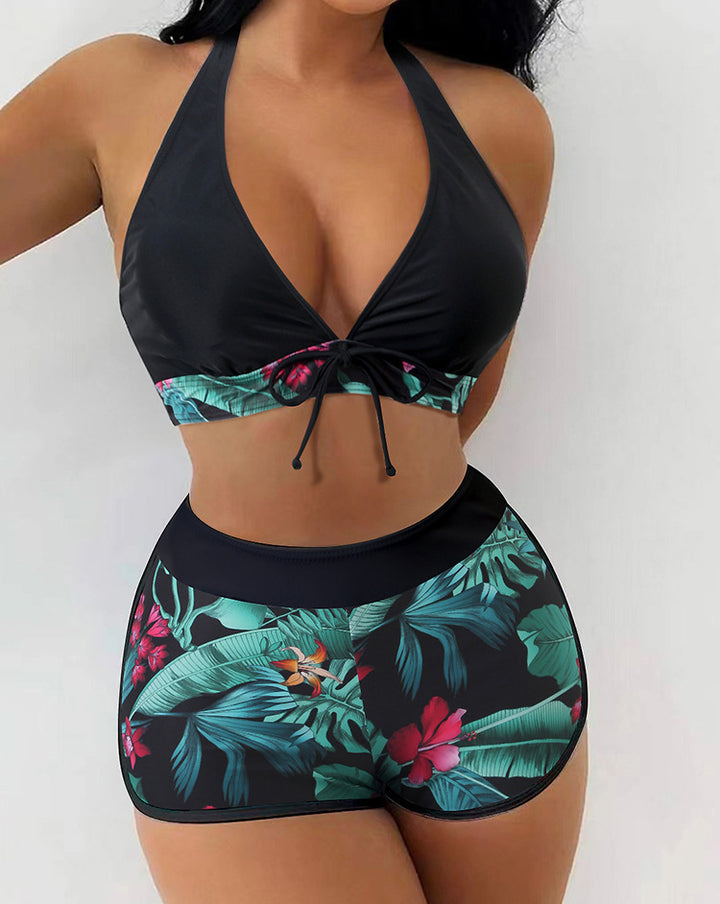 Dame Bikini-sæt med legesygt halter-top og sporty shorts Skovae
