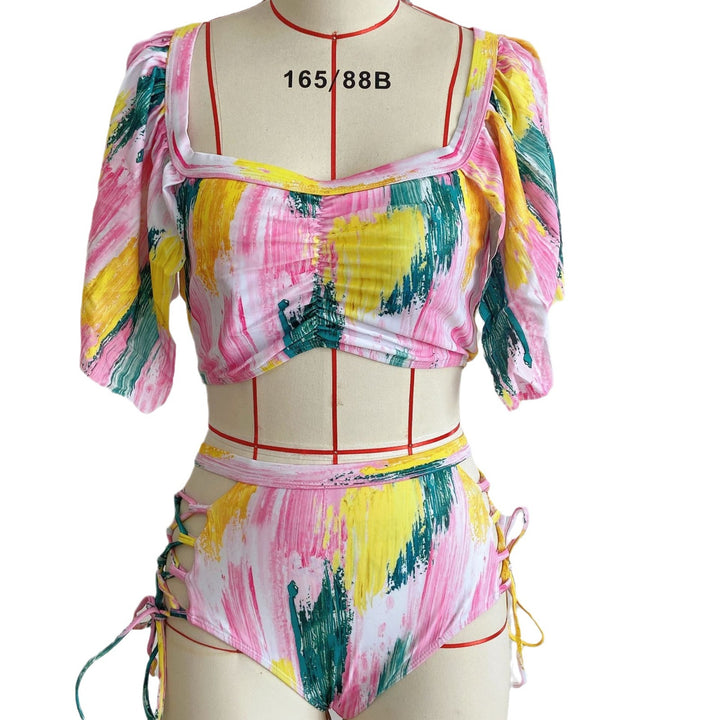 Dame Bikini-sæt med fantastisk blomsterwrap-design og høj benudskæring Skovae