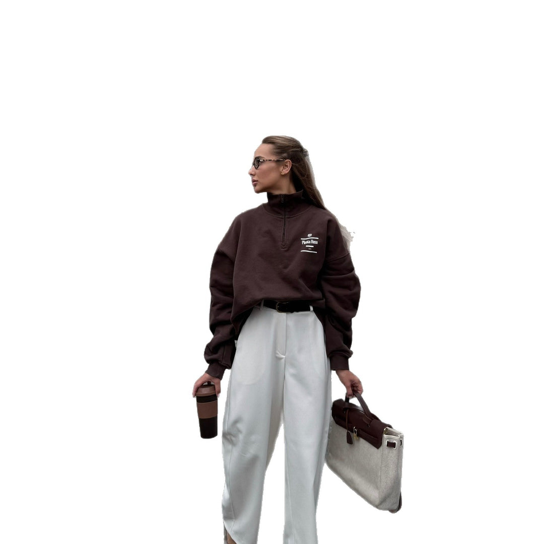 Kvinders streetwear sweater med høj krave og halv lynlås lukning Stilla