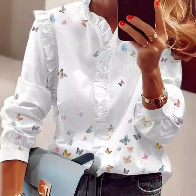 Dame flæse detaljer bluse med sommerfuglemotiv Stilla