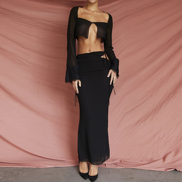 Dame Transparent Sæt med Crop-Top og Maxiskørt Skovae